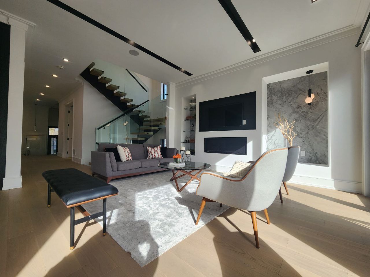 Modern living room with fireplace