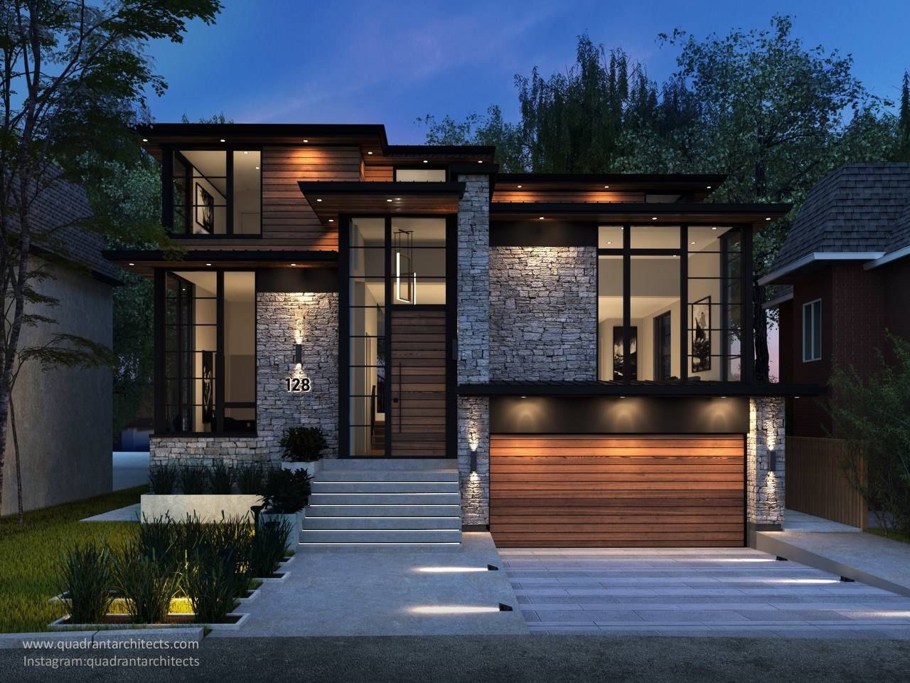 Modern two-storey custom home with dynamic facade projections and oversized aluminum glazing in North York